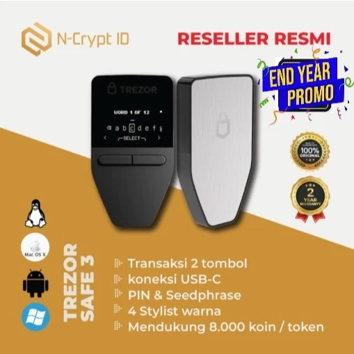 Gambar thumbnail untuk Trezor Safe 3 / Hardware Wallet / Cryptocurrency / Dompet Kripto / Bitcoin BTC ETH / BNIB